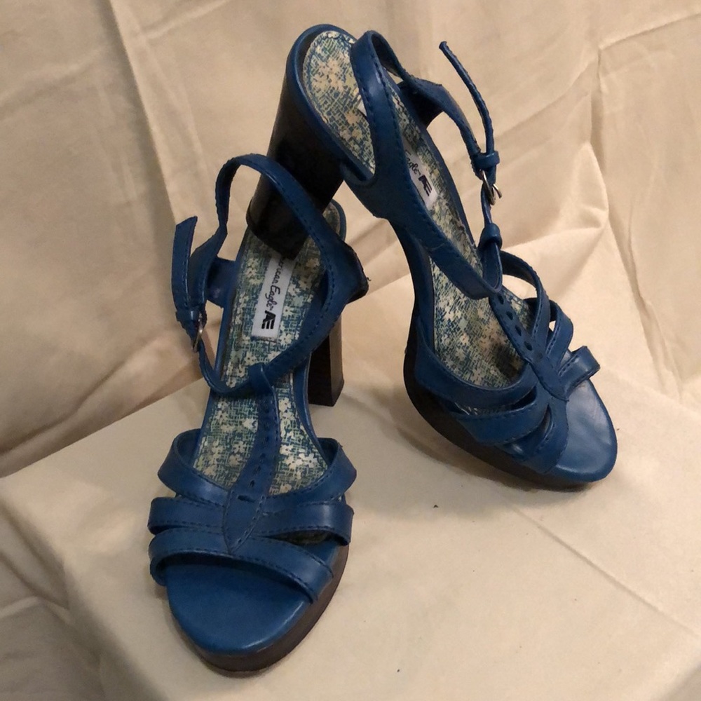 Blue Block Heel T-Strap Sandals